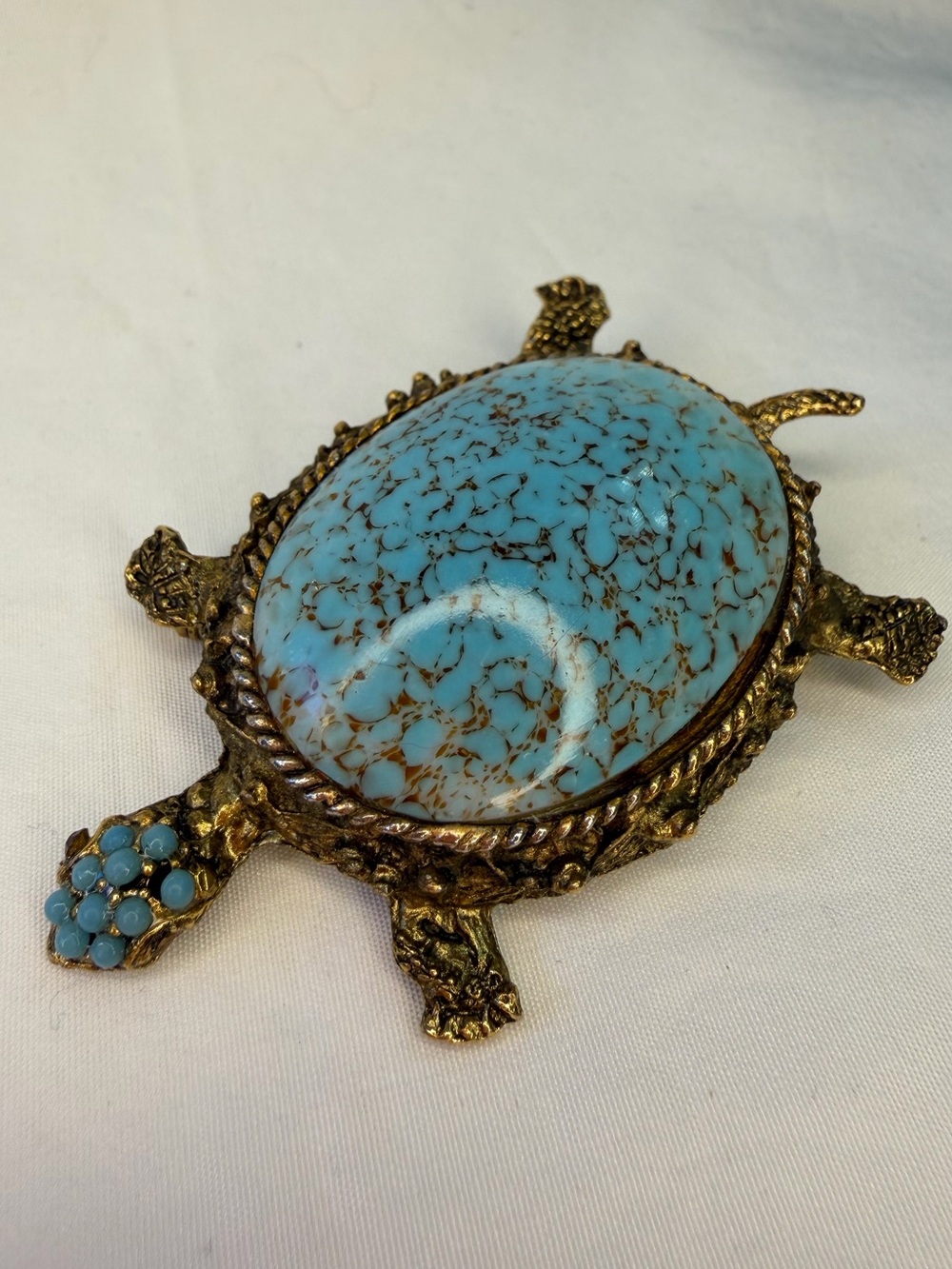 Vintage Turtle Pin Brooch With Blue Turquoise Color Stone And Red Stone eye
